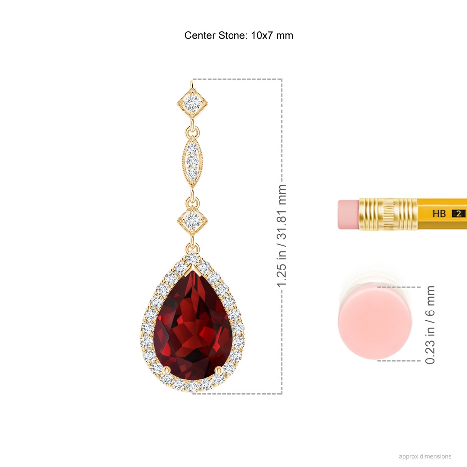 10x7mm AAAA Prong-Set Garnet Teardrop Halo Pendant with Diamond Accents in Yellow Gold ruler