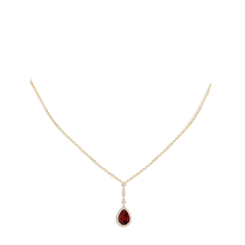 10x7mm AAAA Prong-Set Garnet Teardrop Halo Pendant with Diamond Accents in Yellow Gold pen