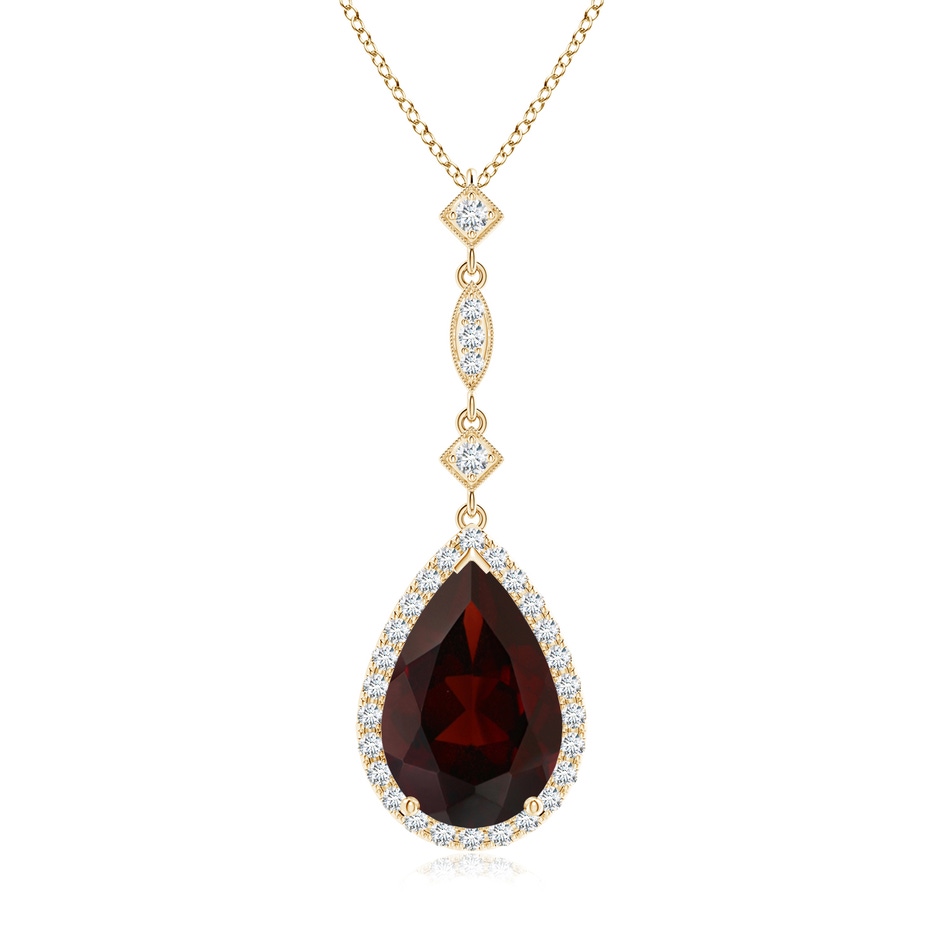 12x8mm A Prong-Set Garnet Teardrop Halo Pendant with Diamond Accents in Yellow Gold 