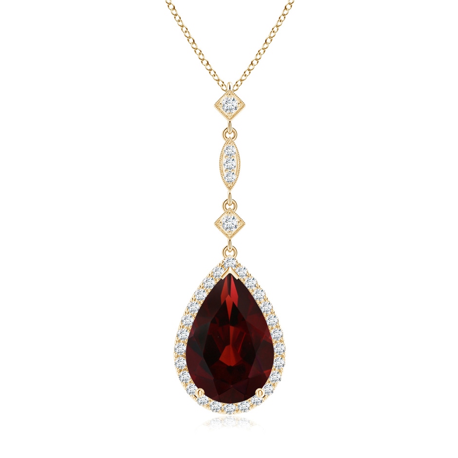 12x8mm AA Prong-Set Garnet Teardrop Halo Pendant with Diamond Accents in Yellow Gold 