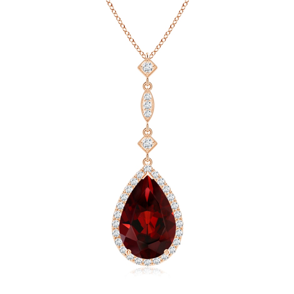 12x8mm AAA Prong-Set Garnet Teardrop Halo Pendant with Diamond Accents in Rose Gold 