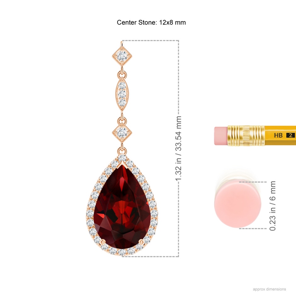 12x8mm AAA Prong-Set Garnet Teardrop Halo Pendant with Diamond Accents in Rose Gold ruler