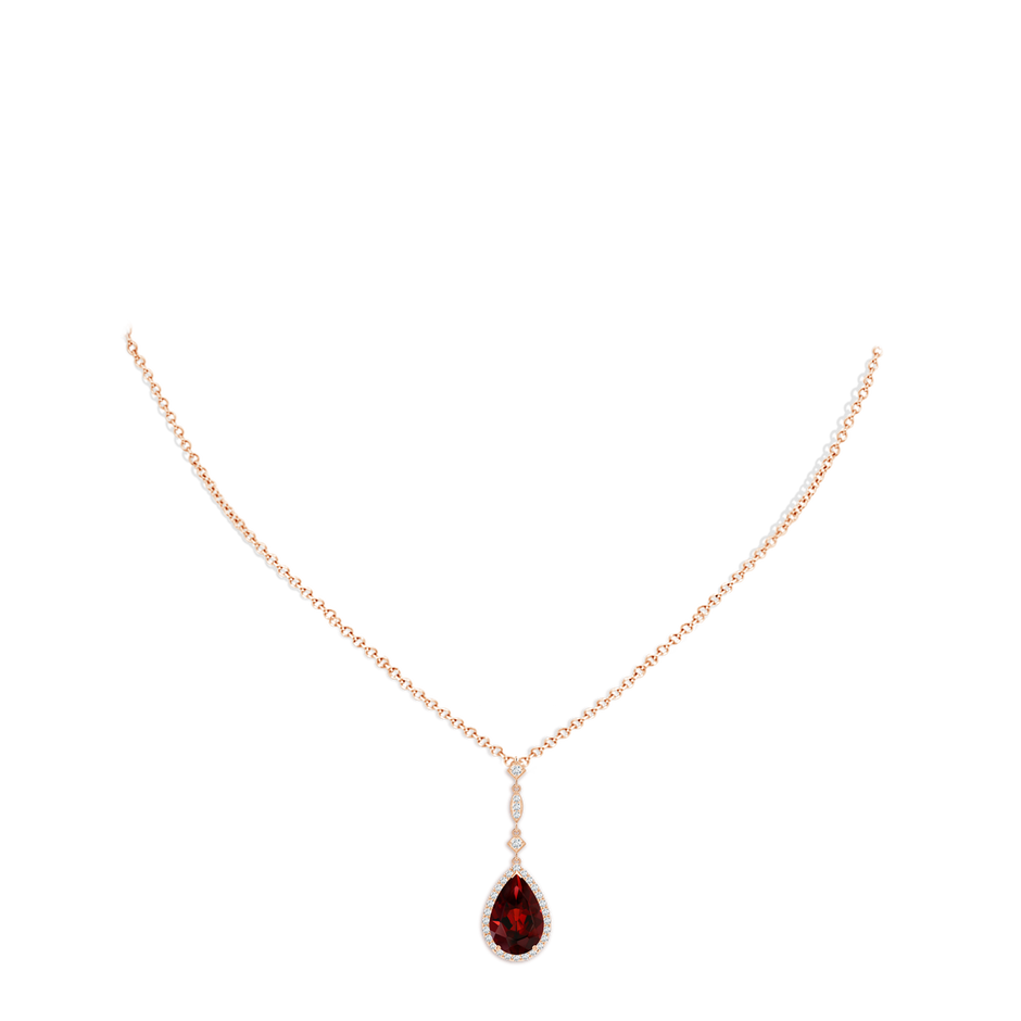 12x8mm AAA Prong-Set Garnet Teardrop Halo Pendant with Diamond Accents in Rose Gold pen
