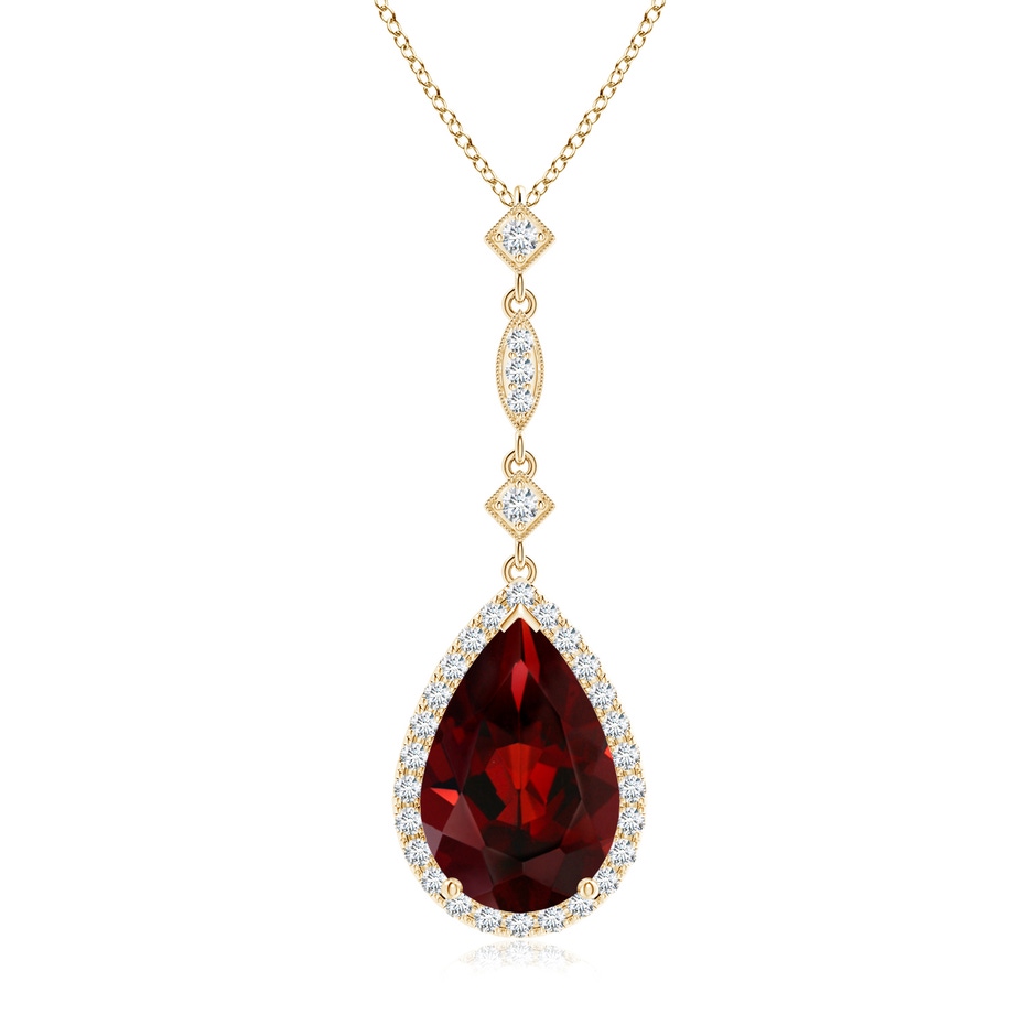 12x8mm AAA Prong-Set Garnet Teardrop Halo Pendant with Diamond Accents in Yellow Gold 