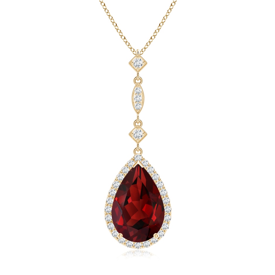 12x8mm AAAA Prong-Set Garnet Teardrop Halo Pendant with Diamond Accents in Yellow Gold 