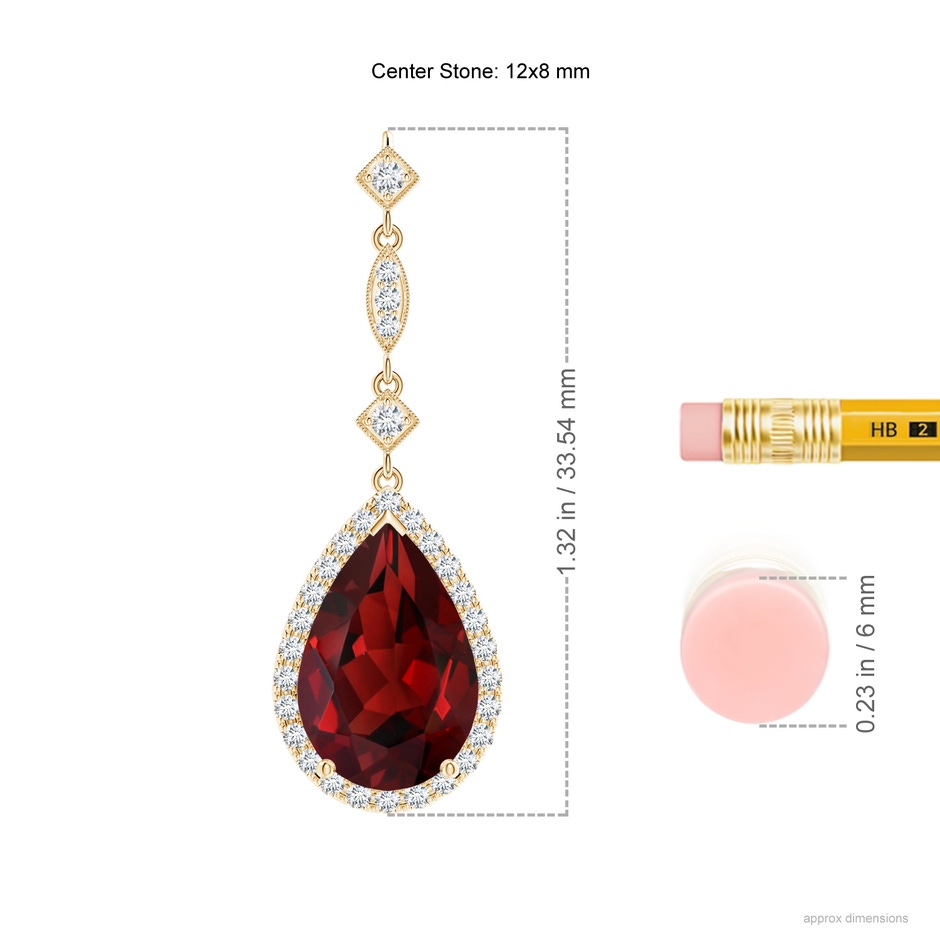 12x8mm AAAA Prong-Set Garnet Teardrop Halo Pendant with Diamond Accents in Yellow Gold ruler