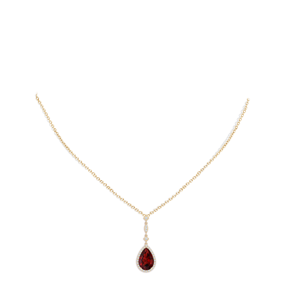 12x8mm AAAA Prong-Set Garnet Teardrop Halo Pendant with Diamond Accents in Yellow Gold pen