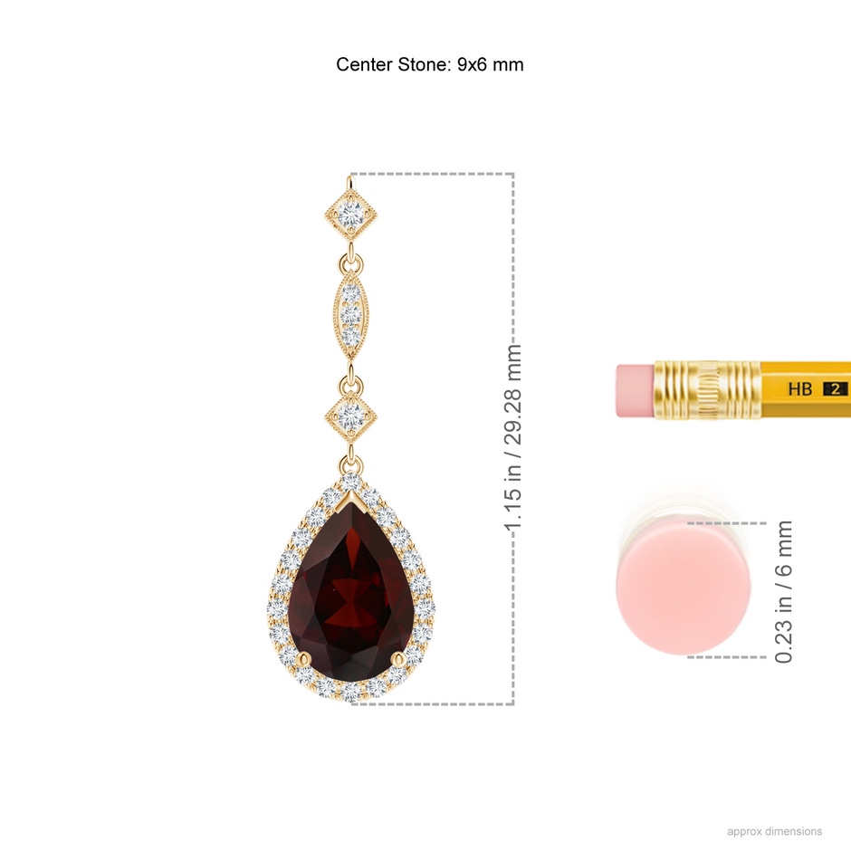 9x6mm A Prong-Set Garnet Teardrop Halo Pendant with Diamond Accents in 18K Yellow Gold ruler