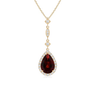 9x6mm AA Prong-Set Garnet Teardrop Halo Pendant with Diamond Accents in Yellow Gold