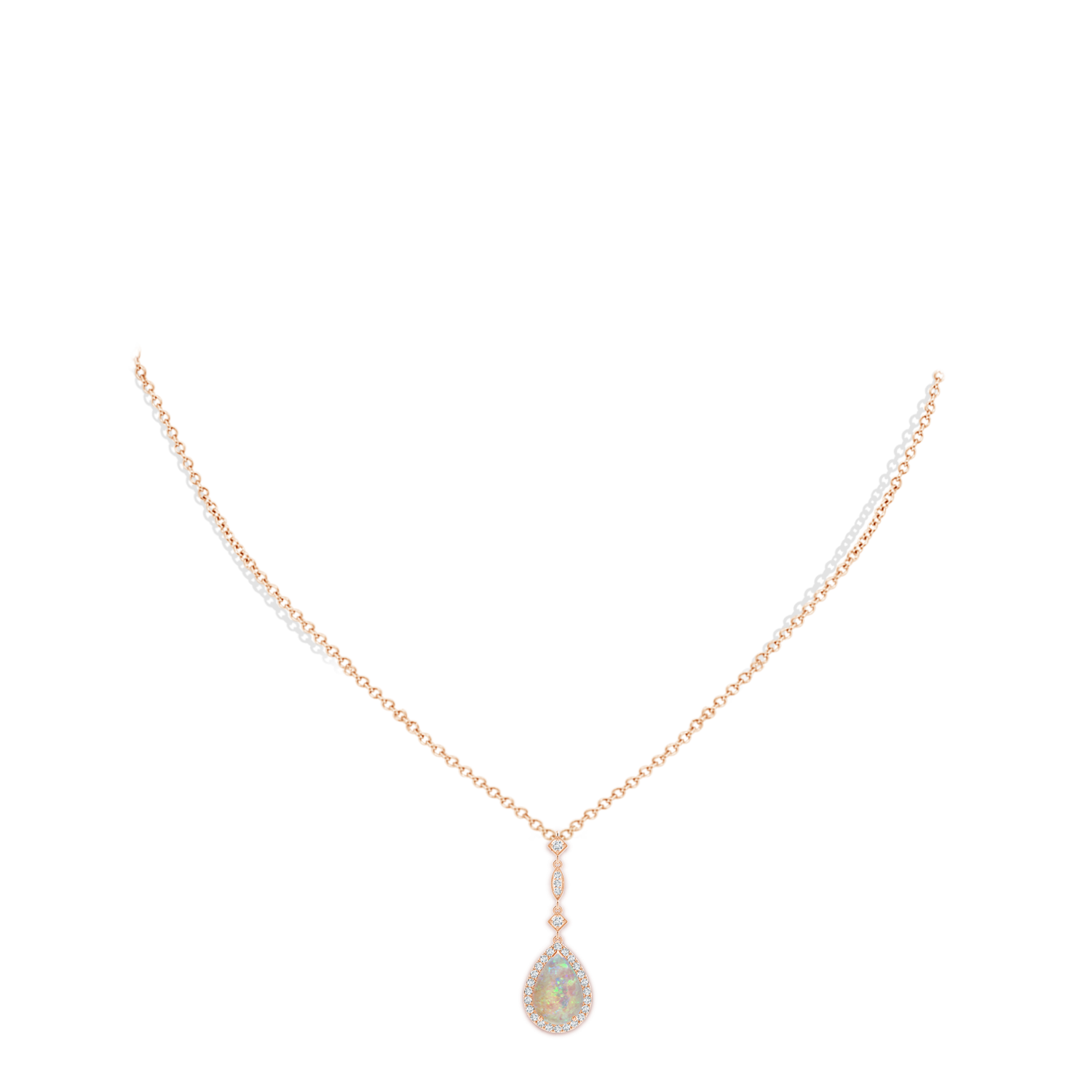 10x7mm AAAA Prong-Set Opal Teardrop Halo Pendant with Diamond Accents in Rose Gold - body_neck