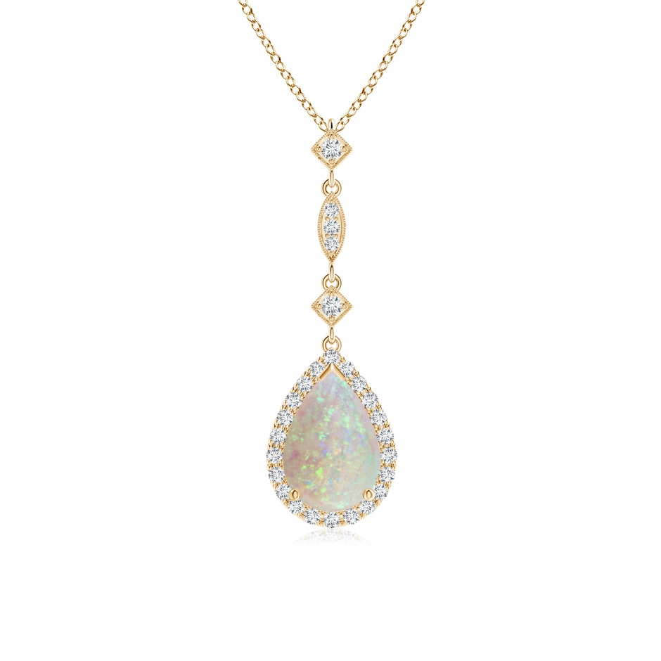 9x6mm AAA Prong-Set Opal Teardrop Halo Pendant with Diamond Accents in Yellow Gold 