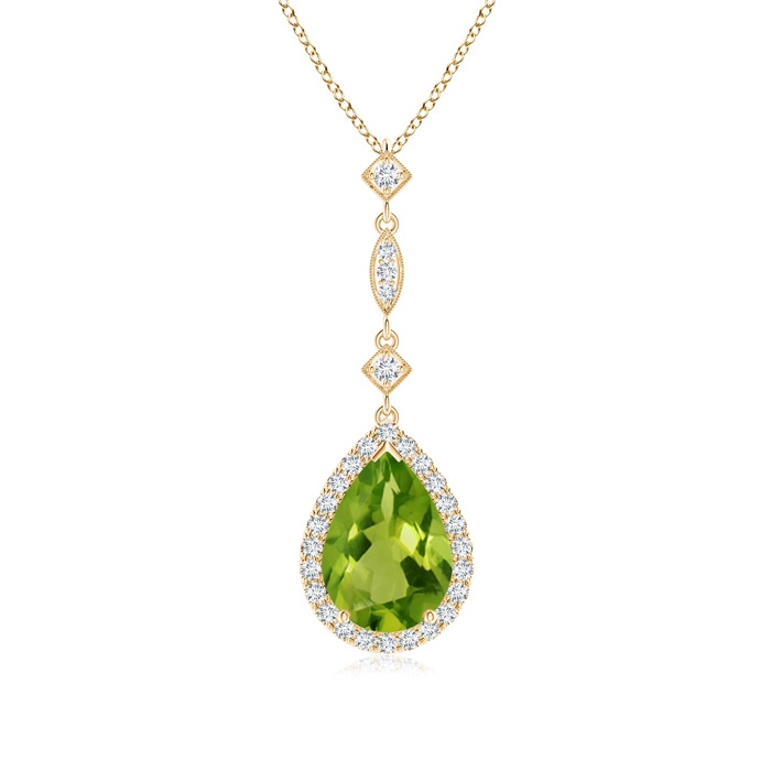 10x7mm AAAA Peridot Teardrop Pendant with Diamond Accents in Yellow Gold 
