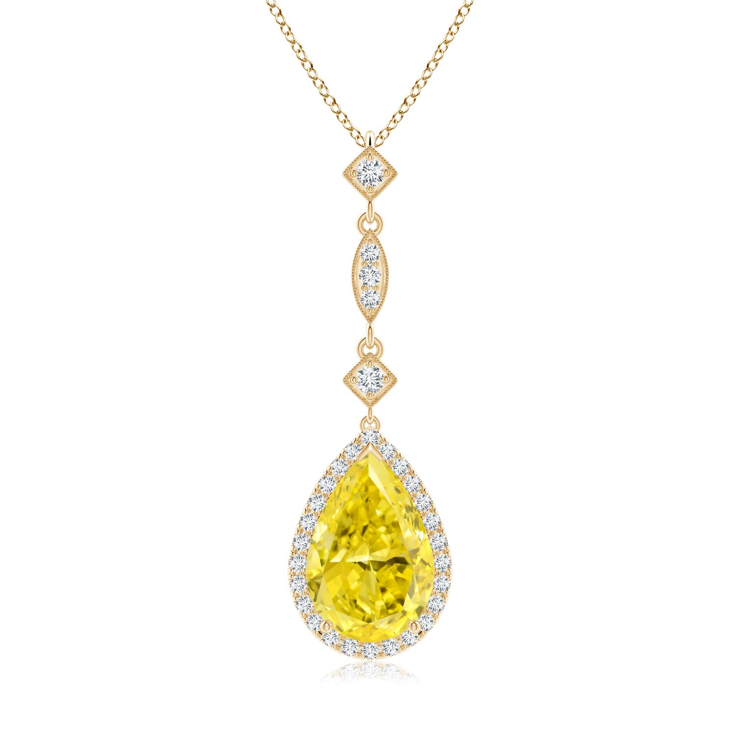 Angara 3.26 CTW Prong-Set Fancy Intense Yellow Diamond Teardrop Halo Pendant in 18K Yellow Gold
