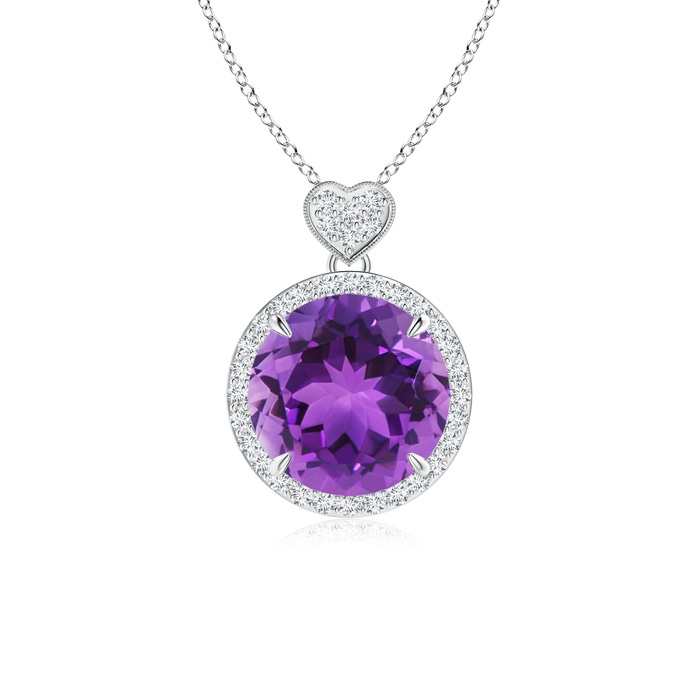 10mm AAA Amethyst Halo Pendant with Diamond Heart Motif in White Gold