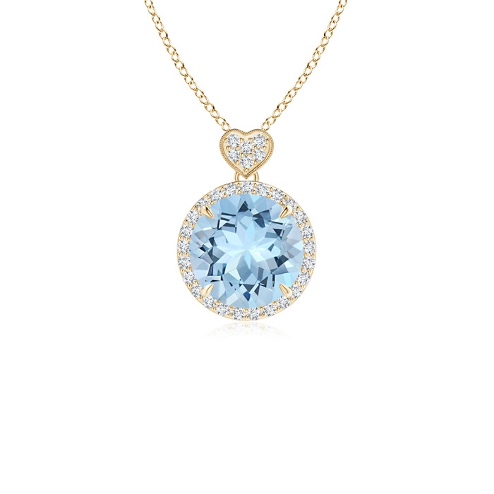 8mm AAA Aquamarine Halo Pendant with Diamond Heart Motif in Yellow Gold