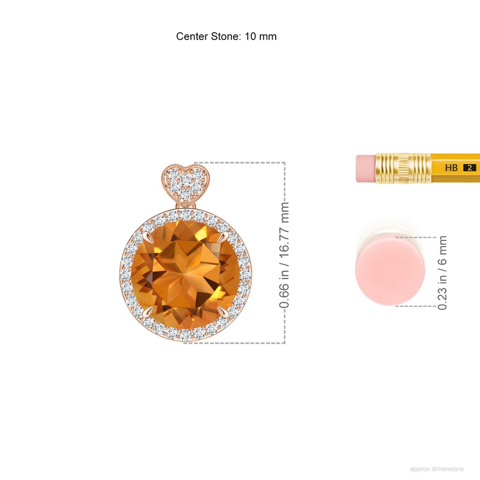 10mm AAA Citrine Halo Pendant with Diamond Heart Motif in Rose Gold ruler