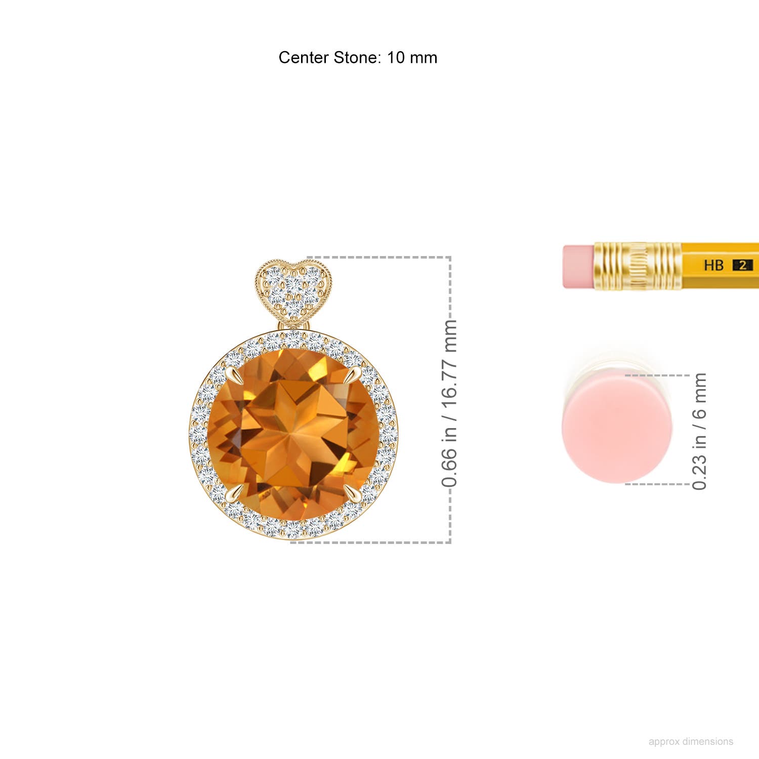 10mm AAA Citrine Halo Pendant with Diamond Heart Motif in Yellow Gold - ruler