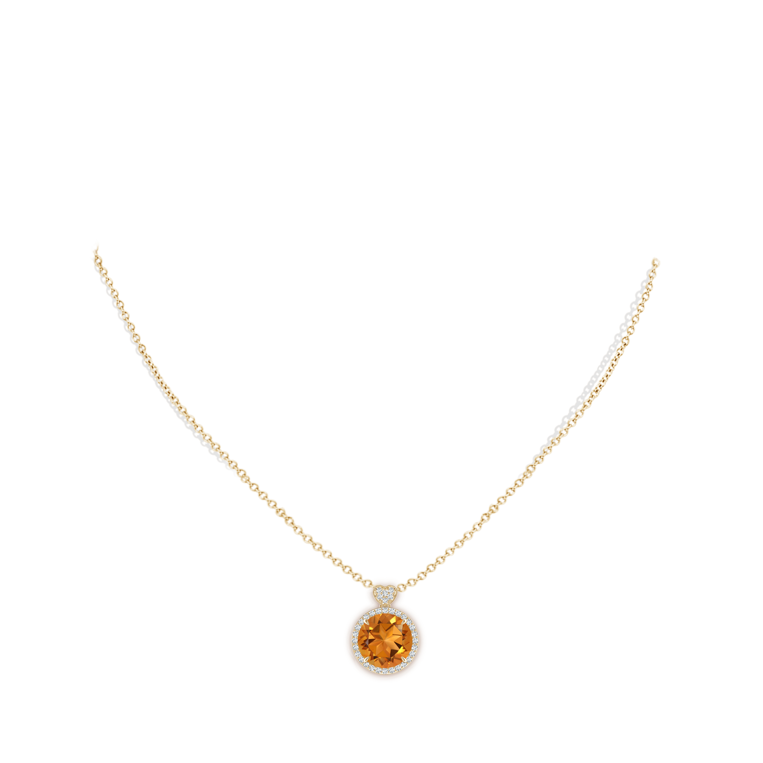 10mm AAA Citrine Halo Pendant with Diamond Heart Motif in Yellow Gold - body_neck