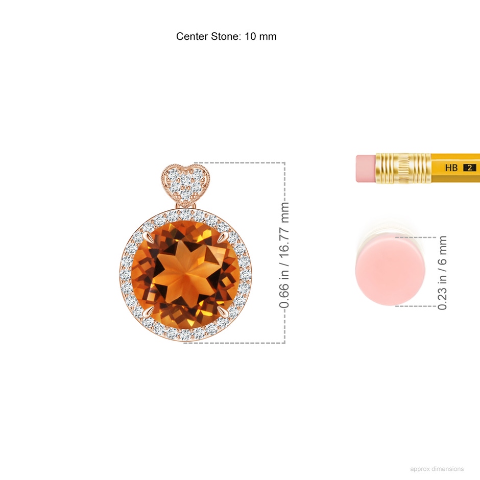 10mm AAAA Citrine Halo Pendant with Diamond Heart Motif in Rose Gold ruler