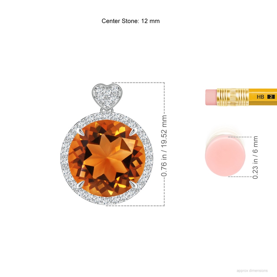 12mm AAAA Citrine Halo Pendant with Diamond Heart Motif in P950 Platinum ruler
