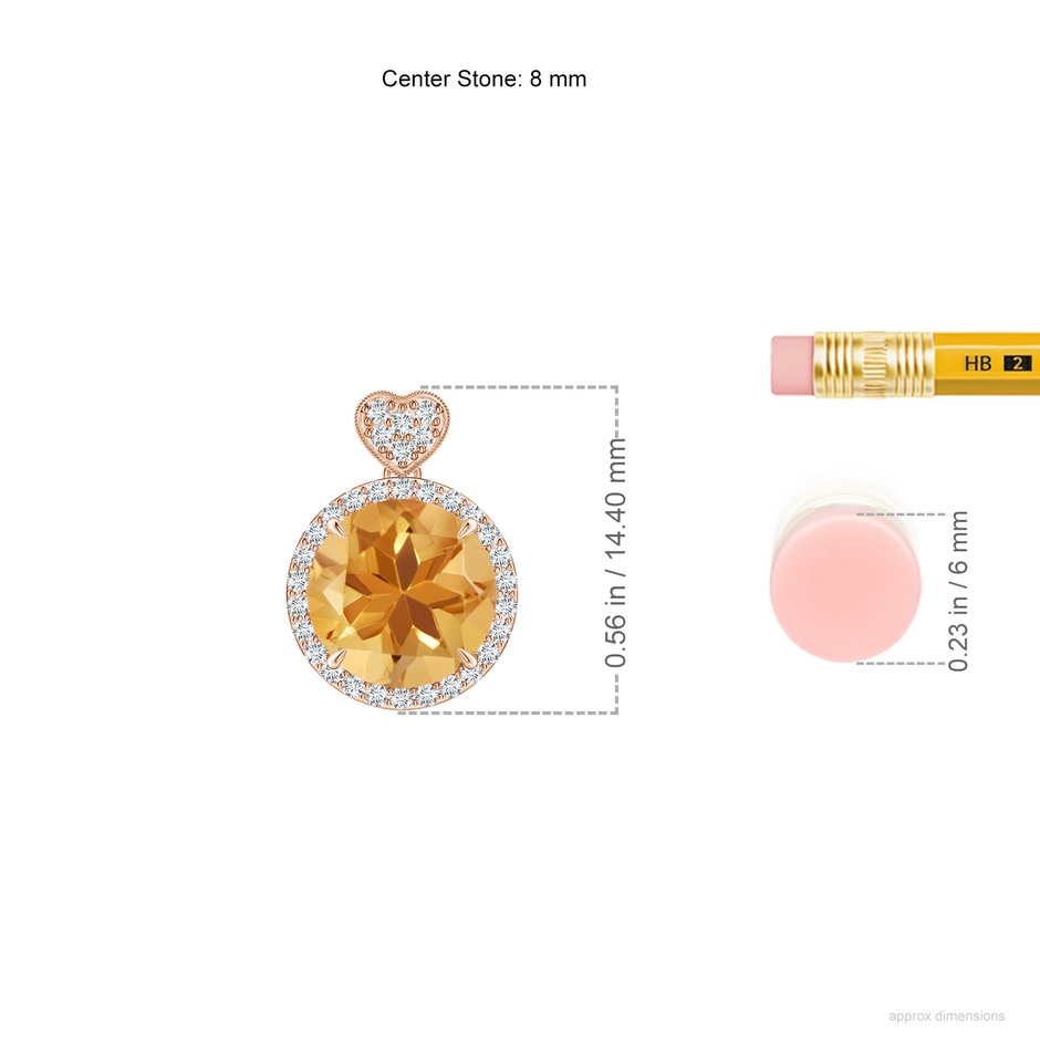 8mm A Citrine Halo Pendant with Diamond Heart Motif in 9K Rose Gold ruler
