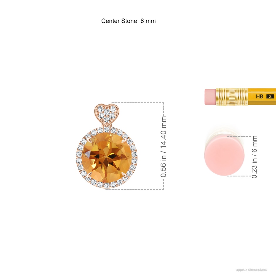 8mm AA Citrine Halo Pendant with Diamond Heart Motif in Rose Gold ruler