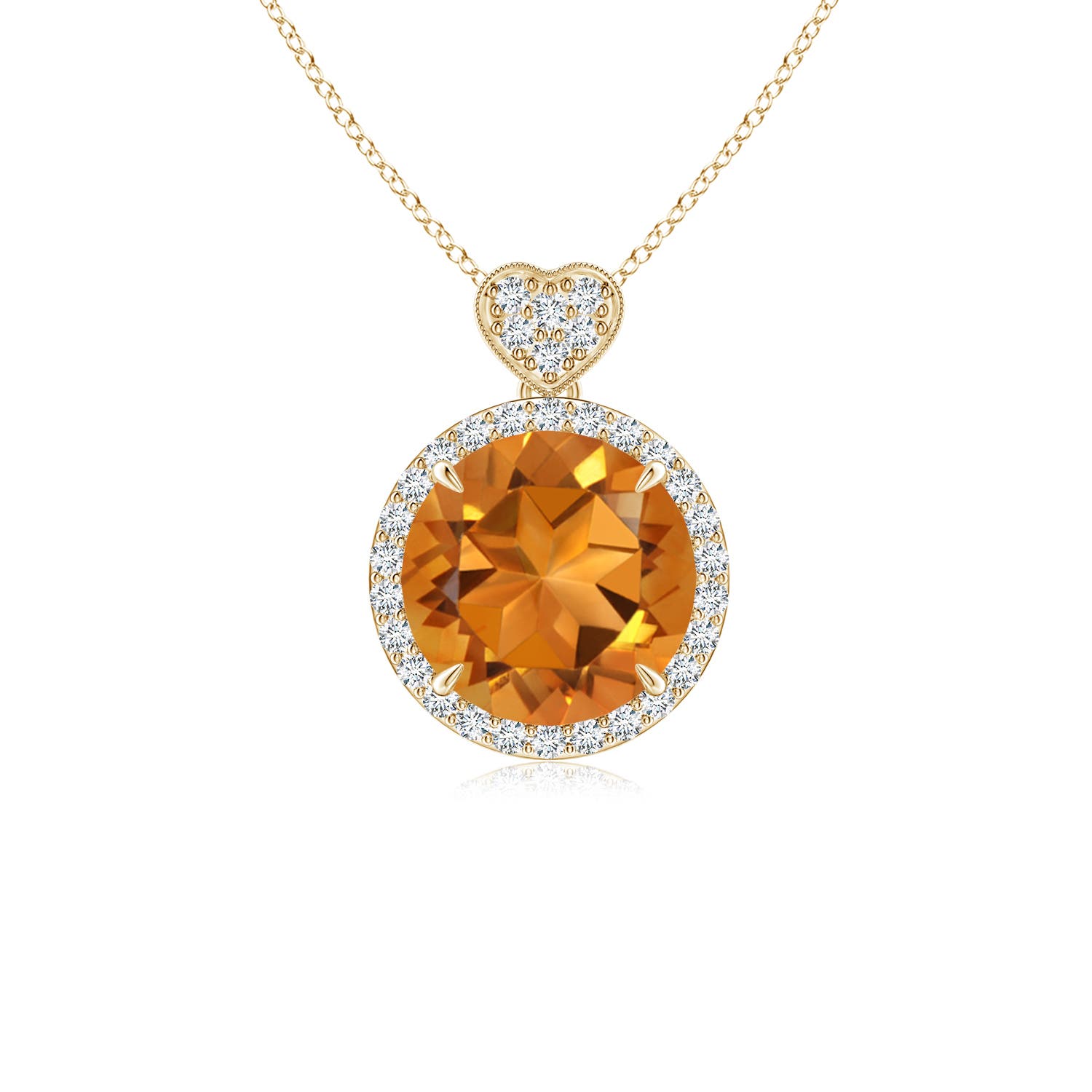 8mm AAA Citrine Halo Pendant with Diamond Heart Motif in 18K Yellow Gold
