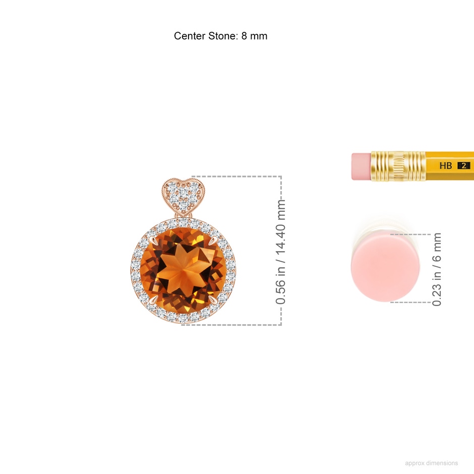8mm AAAA Citrine Halo Pendant with Diamond Heart Motif in Rose Gold ruler