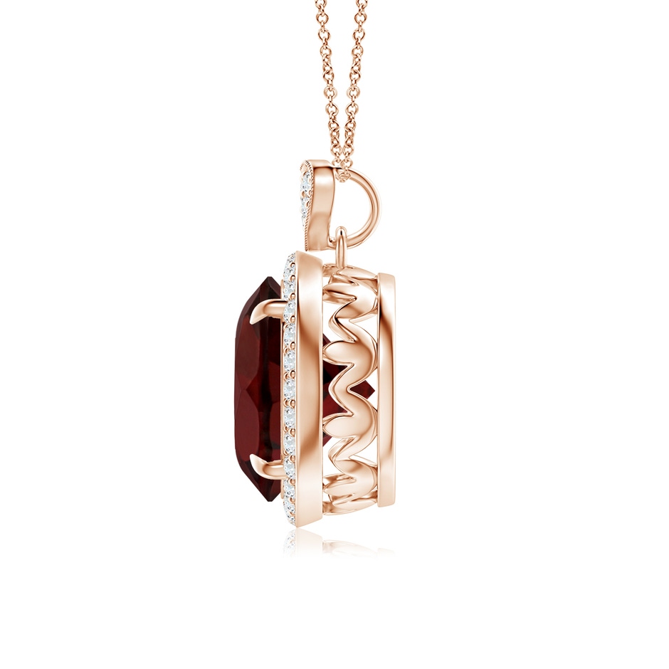 10mm AA Garnet Halo Pendant with Diamond Heart Motif in Rose Gold side 1