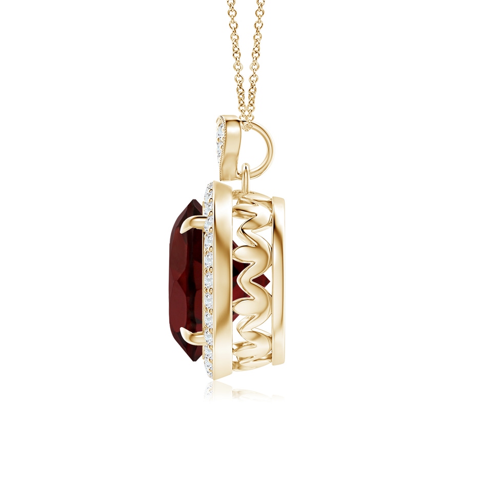 10mm AA Garnet Halo Pendant with Diamond Heart Motif in Yellow Gold side 1