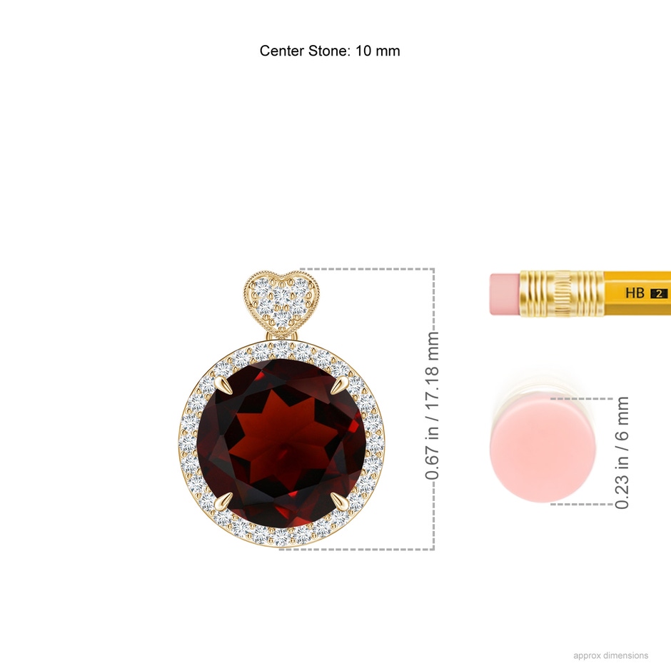 10mm AA Garnet Halo Pendant with Diamond Heart Motif in Yellow Gold ruler