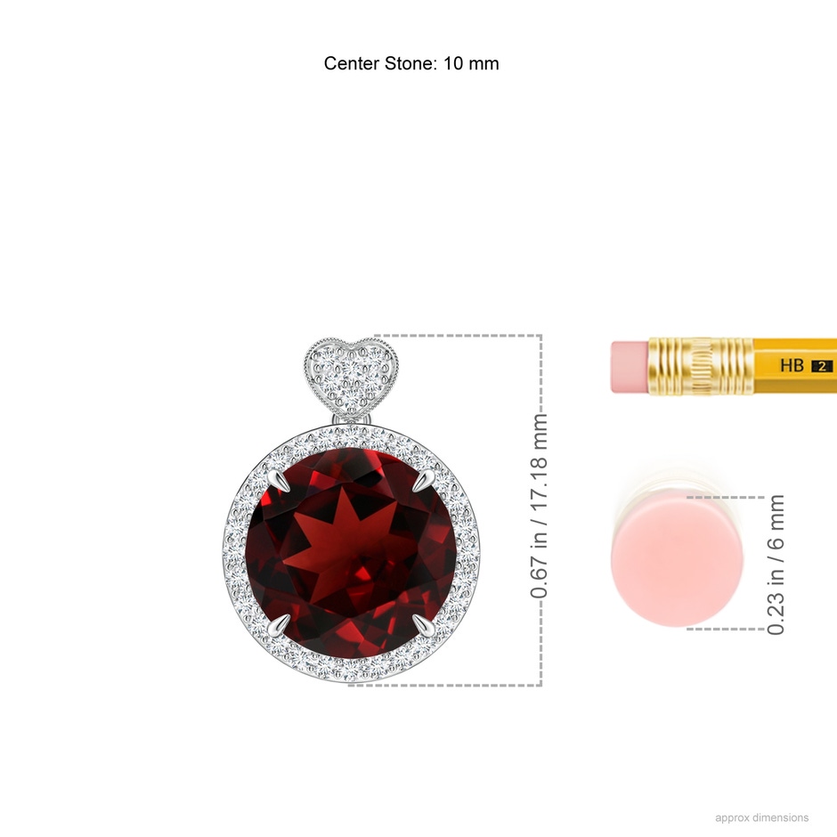 10mm AAA Garnet Halo Pendant with Diamond Heart Motif in White Gold ruler