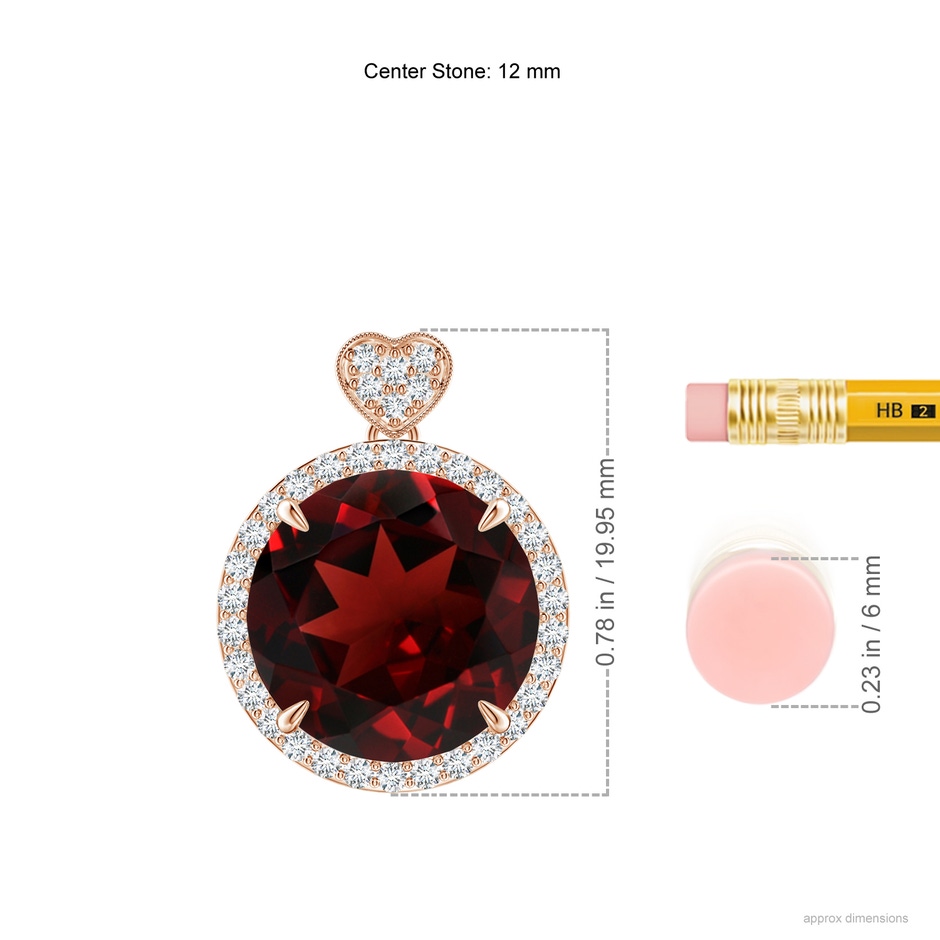 12mm AAA Garnet Halo Pendant with Diamond Heart Motif in Rose Gold ruler