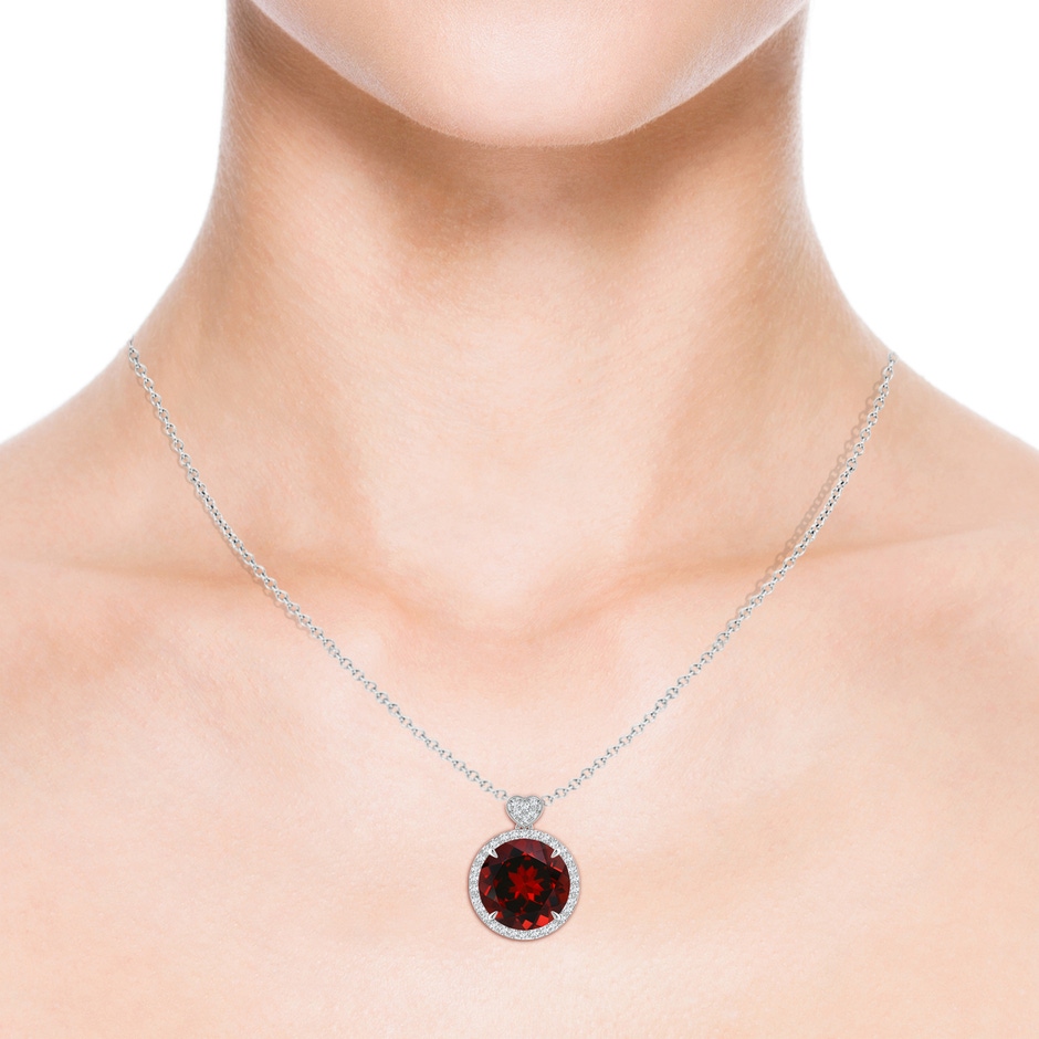 12mm AAAA Garnet Halo Pendant with Diamond Heart Motif in P950 Platinum body-neck