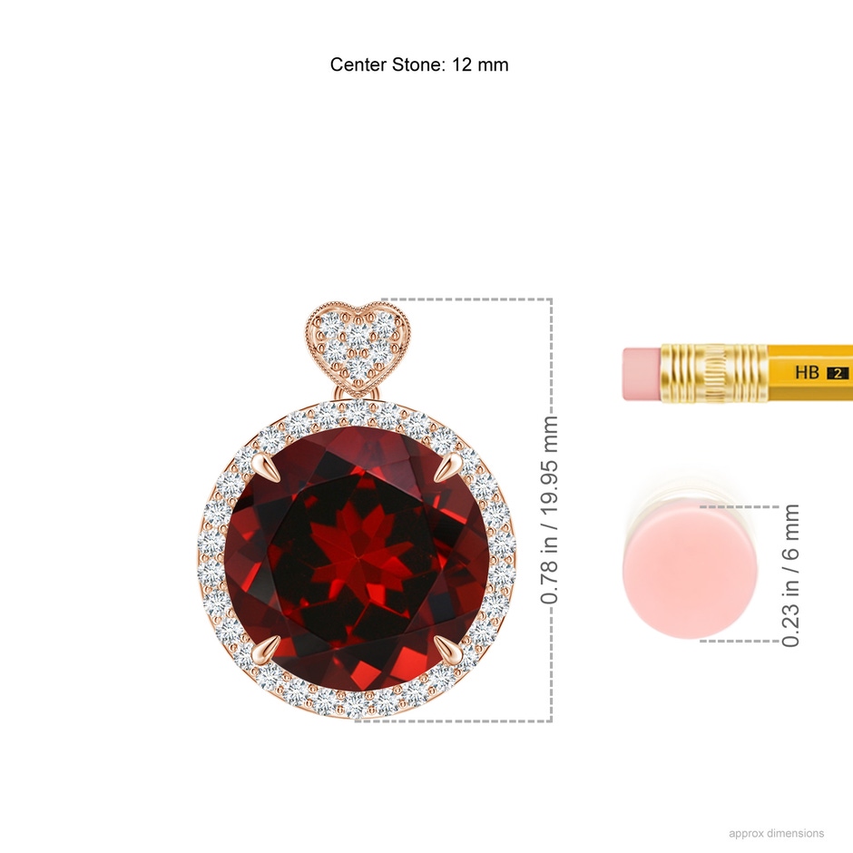 12mm AAAA Garnet Halo Pendant with Diamond Heart Motif in Rose Gold ruler