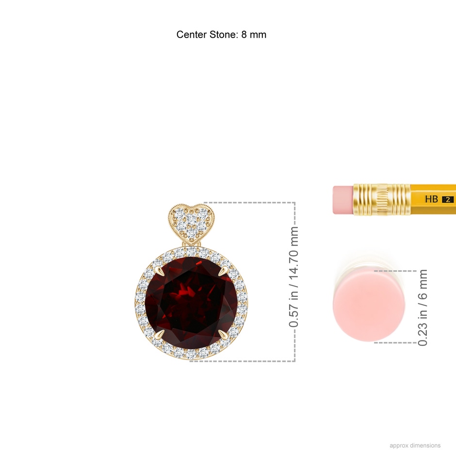 8mm A Garnet Halo Pendant with Diamond Heart Motif in Yellow Gold ruler