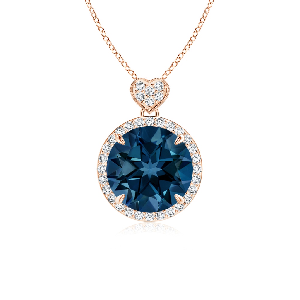 10mm AAAA London Blue Topaz Halo Pendant with Diamond Heart Motif in Rose Gold