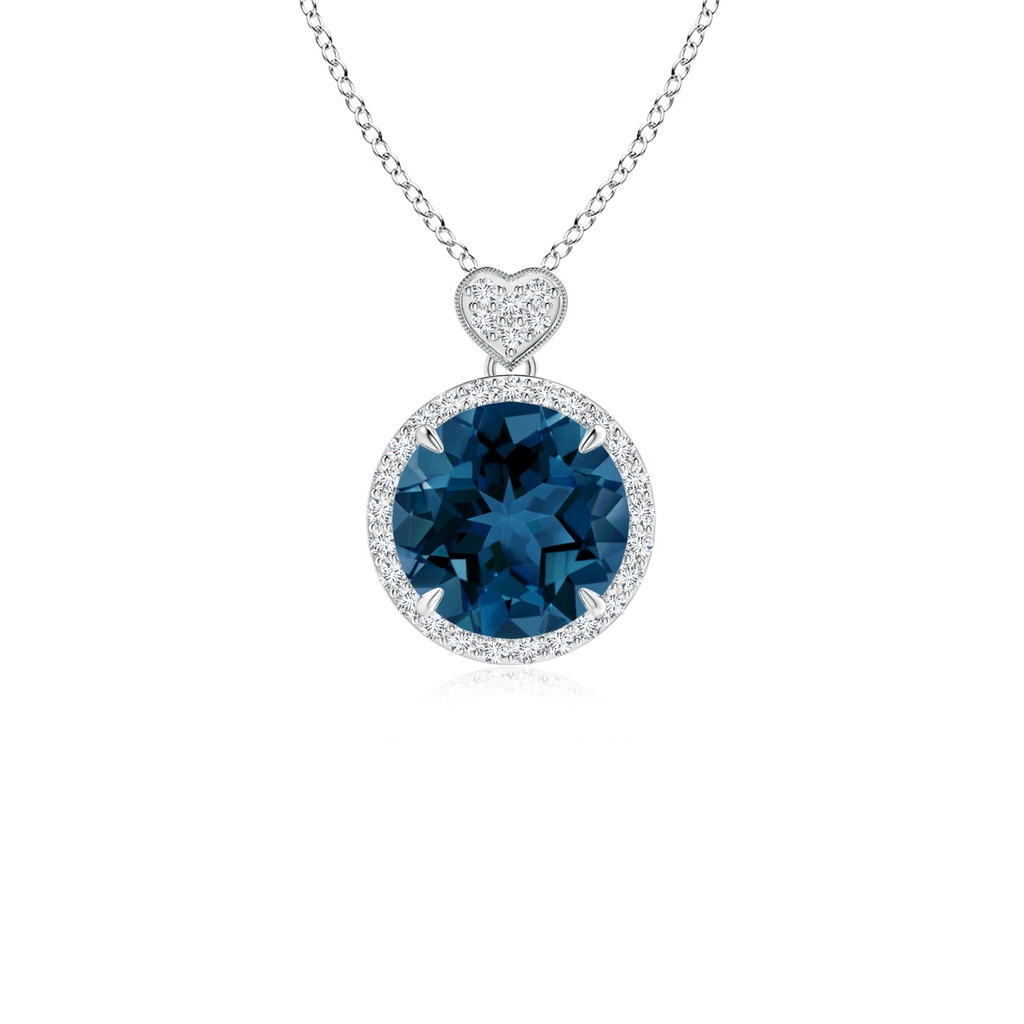 8mm AAA London Blue Topaz Halo Pendant with Diamond Heart Motif in White Gold