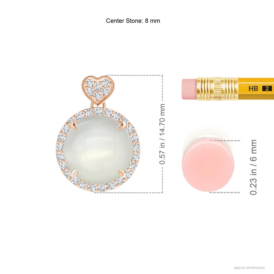 8mm AAAA Moonstone Halo Pendant with Diamond Heart Motif in Rose Gold ruler