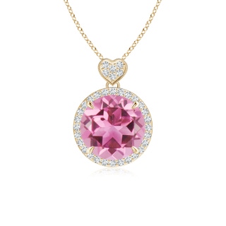 10mm AAA Pink Tourmaline Halo Pendant with Diamond Heart Motif in Yellow Gold