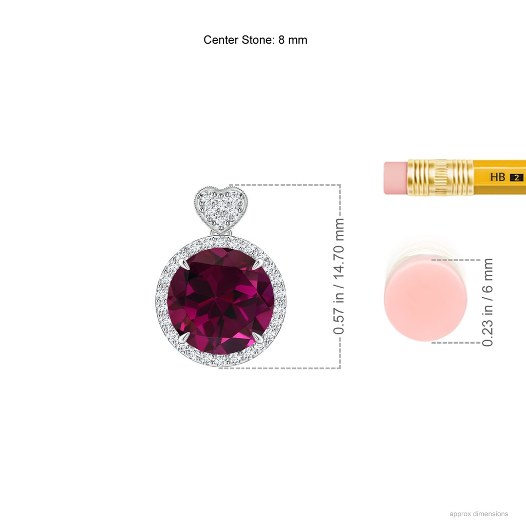 8mm AAA Rhodolite Halo Pendant with Diamond Heart Motif in White Gold Ruler