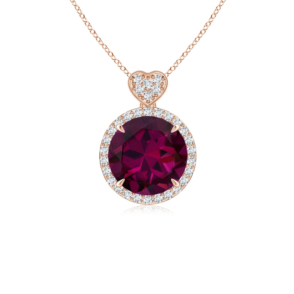 8mm AAAA Rhodolite Halo Pendant with Diamond Heart Motif in Rose Gold