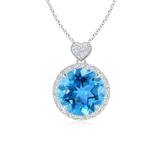 10mm AAA Swiss Blue Topaz Halo Pendant with Diamond Heart Motif in White Gold