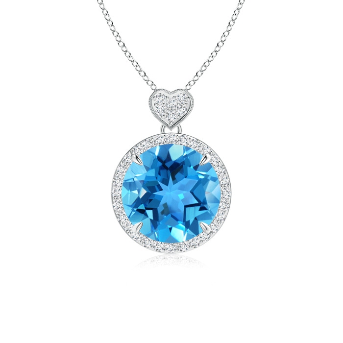 10mm AAA Swiss Blue Topaz Halo Pendant with Diamond Heart Motif in White Gold 