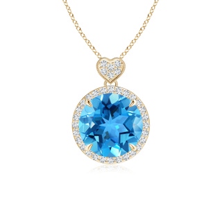 10mm AAA Swiss Blue Topaz Halo Pendant with Diamond Heart Motif in Yellow Gold