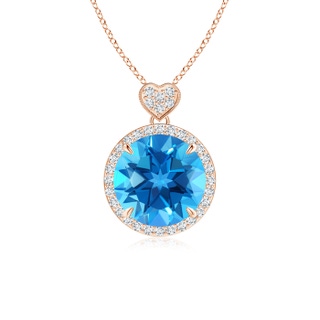 10mm AAAA Swiss Blue Topaz Halo Pendant with Diamond Heart Motif in Rose Gold