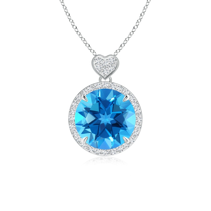 10mm AAAA Swiss Blue Topaz Halo Pendant with Diamond Heart Motif in White Gold 