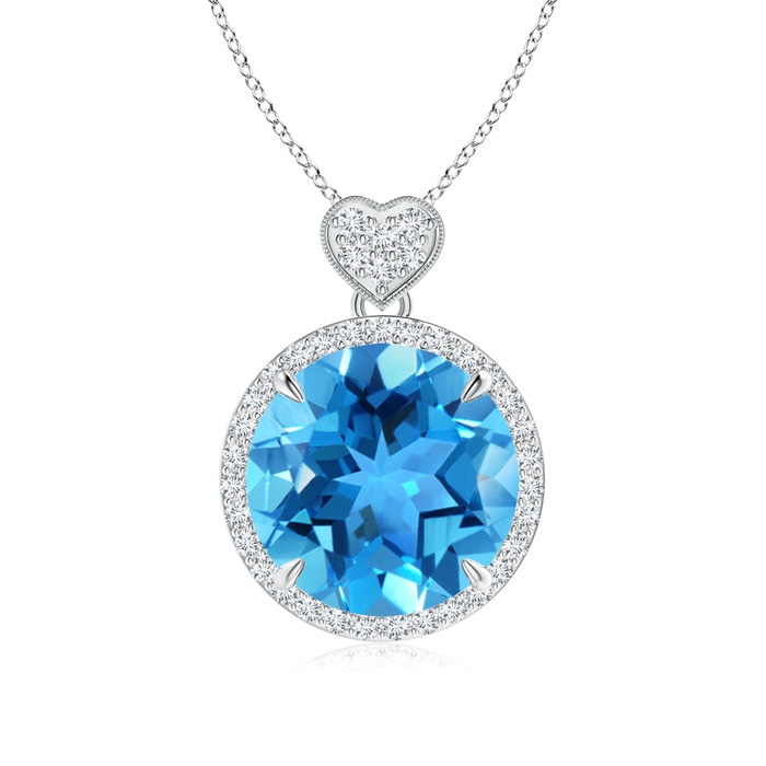 12mm AAA Swiss Blue Topaz Halo Pendant with Diamond Heart Motif in White Gold