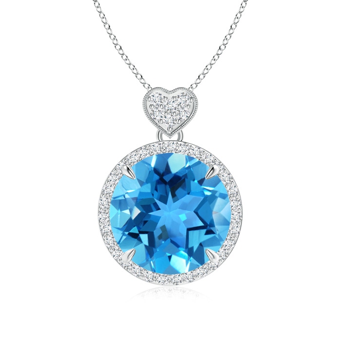 12mm AAA Swiss Blue Topaz Halo Pendant with Diamond Heart Motif in White Gold 