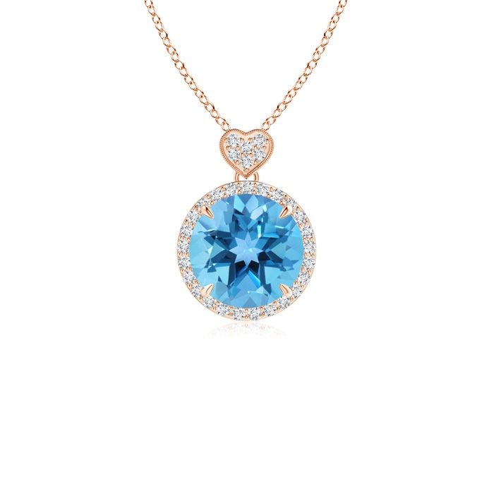 8mm AA Swiss Blue Topaz Halo Pendant with Diamond Heart Motif in Rose Gold 